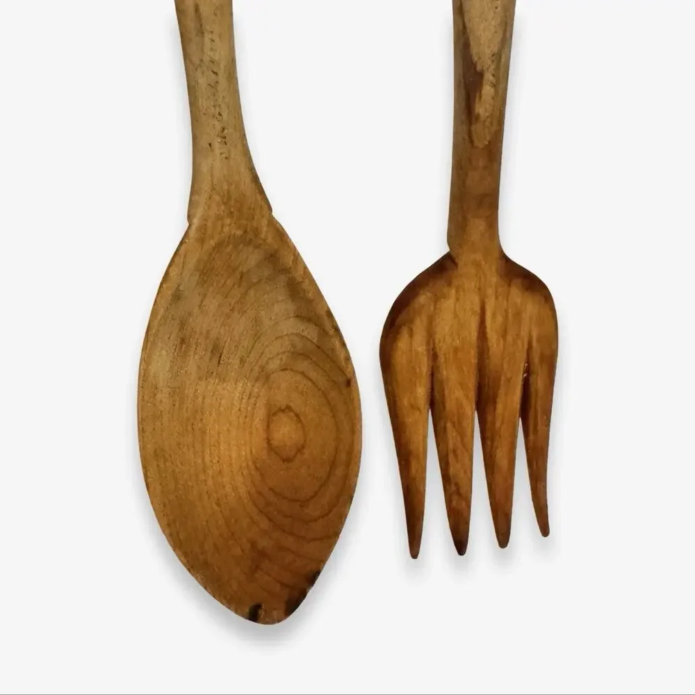 Vintage Hand Carved Wood Alligator Crocodile Salad Servers Fork Spoon 10”